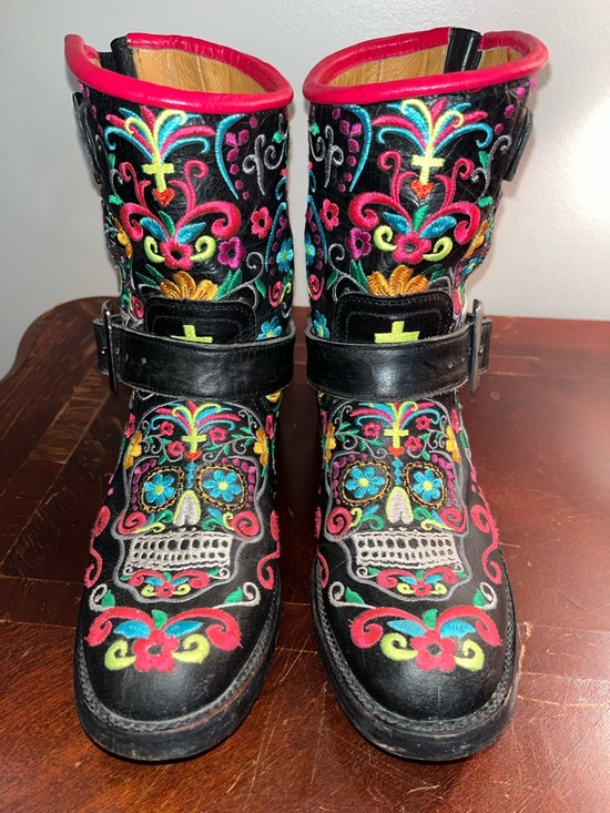 Old Gringo Shoes - Old Gringo Black Embroidered Sugar Skull Moto Boots with Multicolor Accents